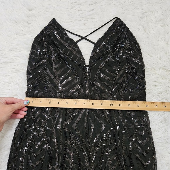Lulus Women's Sz S Black Sequin Sleeveless‎ Plunge Neck Sexy Mini Dress Clubwear - Picture 9 of 10
